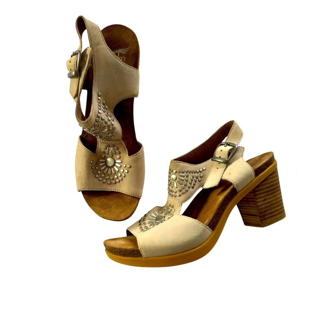 Dansko Deandra Studded Leather Block Heel Sandals in Tan Size 7.5 US/ 38 EU